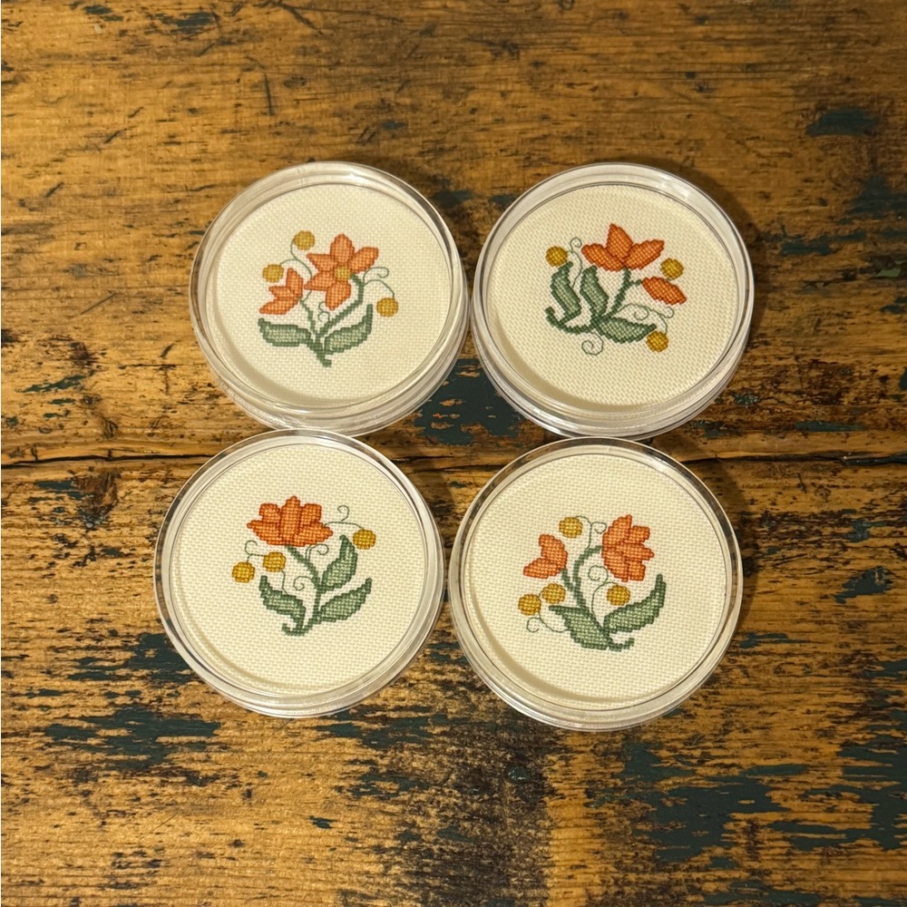 Handmade Cross Stitch Floral Coasters - Orange & Green (Set of 4)